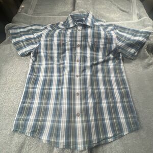 PrAna Shirt Men's XL Blue Plaid Short Sleeve Button Up Hiking Outdoor
